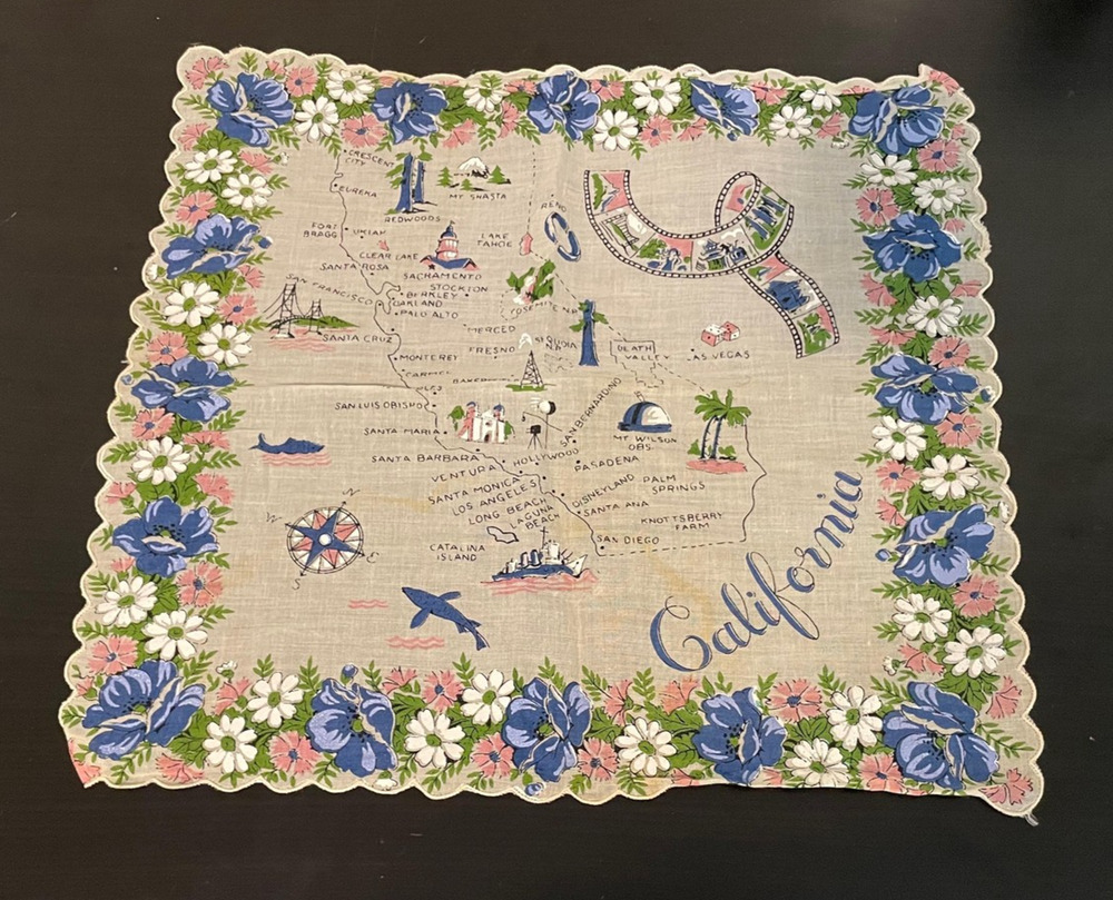 Vintage California Map Souvenir Handkerchief Floral Scalloped Edge 60s READ